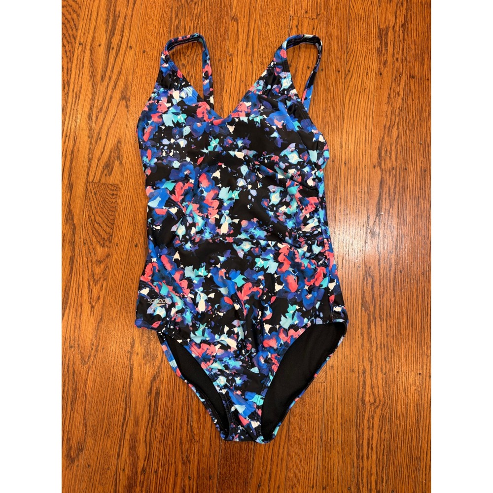 Speedo Women Blue Pink Abstract One Piece Swimsuit Ruched Built In Cups 6